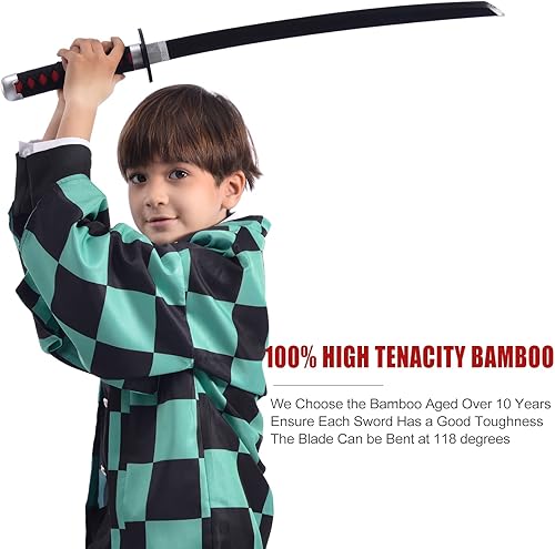 Vista 5 de Demon Slayer - Espada para niños de 31 pulgadas, hoja de bambú con cinturón y soporte de espada, espada de anime de textura original, Katana Demon
