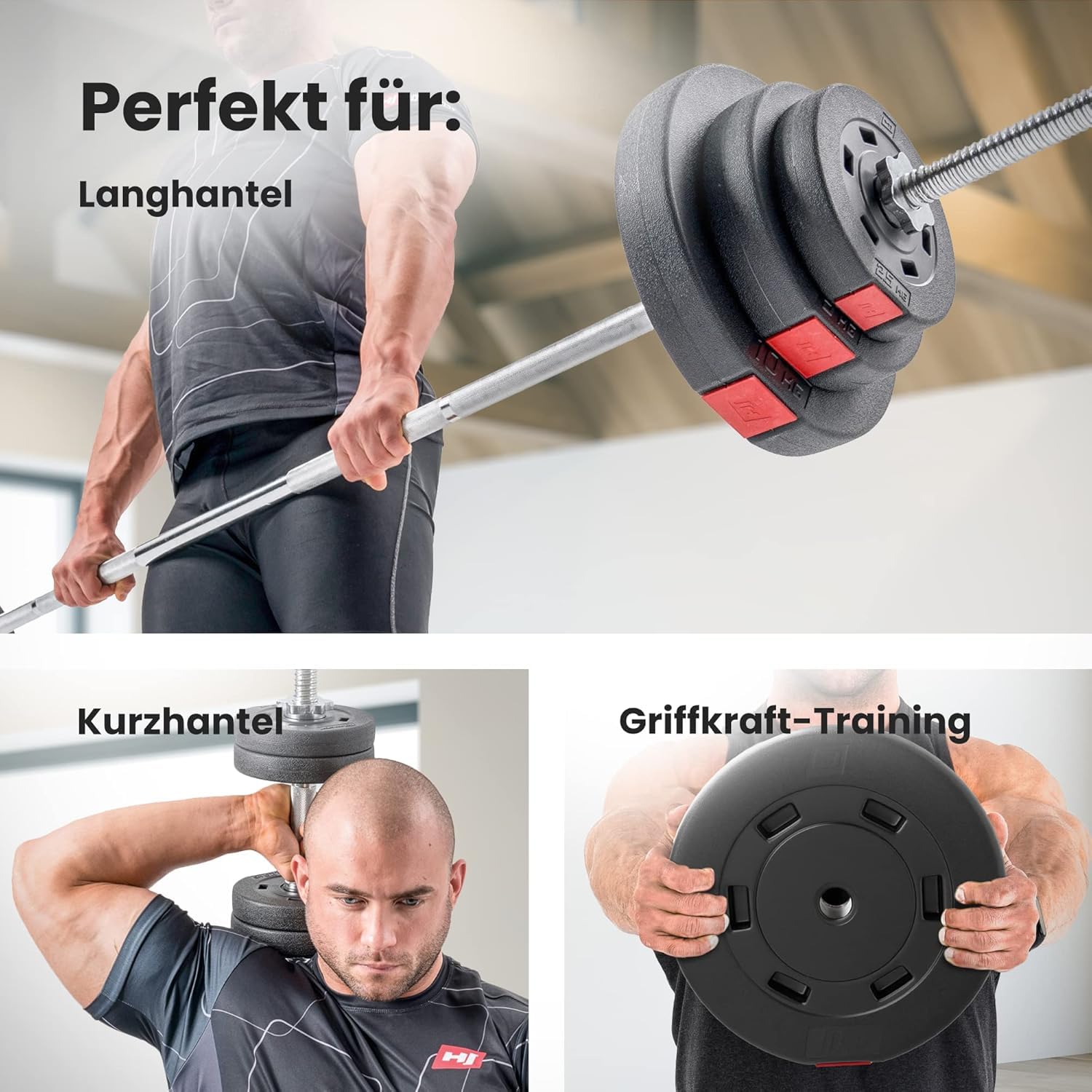 Hop-Sport Hantelscheiben Set 20 kg (4 x 5 kg) | Kunststoff Gewichtsscheiben | Bohrung Ø 30/31 mm | für Langhantel & Kurzhantel | bodenschonend | Krafttraining zuhause