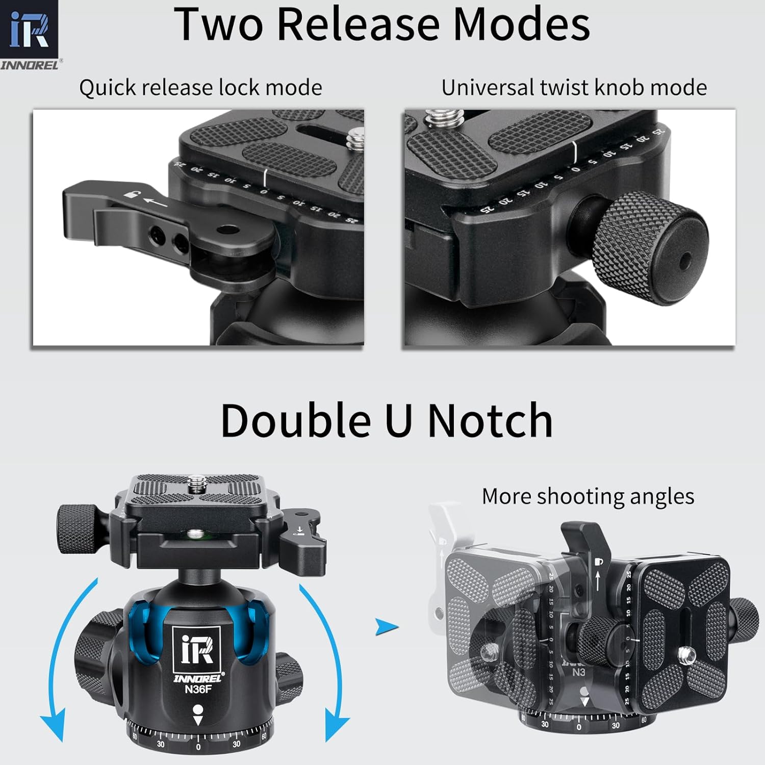 INNOREL N36F Quick Locking Low Profile Tripod Ball Head, Fast Lever Release, Panoramic CNC Metal Camera Tripod Ballhead with 2 Plates for Tripod Monopod DSLR Camcorder, Max Load 44lb/20kg (Black)