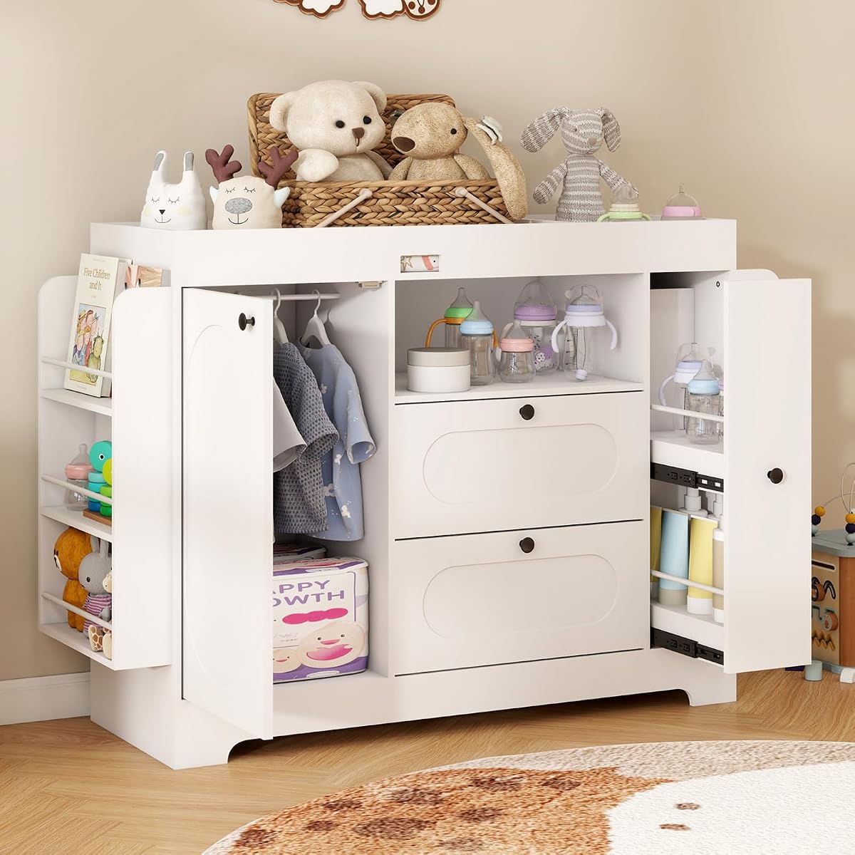 ARTETHYS Changing Table Dresser with Drawers & Clothes Hanger for Baby Room | White Diaper Portable Nursery Dresser with Side Storage Rack, Pull-out Drawers, Storage Cabinet & Open Shelves