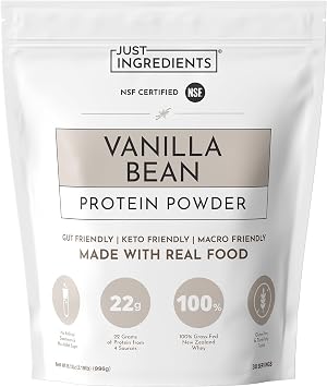 JUST INGREDIENTS Vanilla Bean Protein Powder 30-Serving Blend with 100% Grass-Fed Whey & Organic Plant Proteins Real Vanilla Bean & Cinnamon Supports Muscle Recovery, Energy*