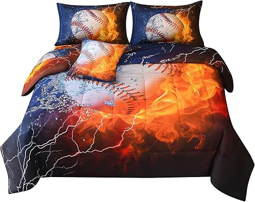 Miniatura 8 de JQinHome Juego de edredón completo de béisbol y fuego para niños, ropa de cama de 6 piezas en una bolsa, ropa de cama con temática deportiva 3D,