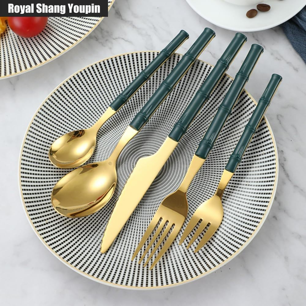 Featured Handle Kitchen Stainless Steel Silverware Tableware Flatware Cutlery Set Home Steak Knives Forks Spoons Dessert Spoon Chopsticks (Gold Yellow,6 pieces)