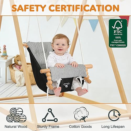 Miniatura 6 de Saltador y Columpio 2 en 1 para Bebé, Juego de Columpio de Madera Montessori para Niños Pequeños con Soporte para Interior/Exterior, Saltador