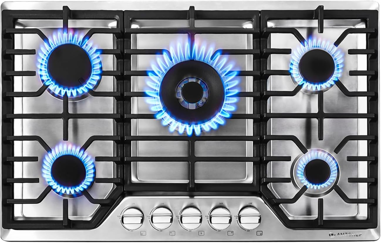 AMZCHEF 30 inch Gas Cooktop with 5 Made in Italy SABAF Power Burners.Max 48