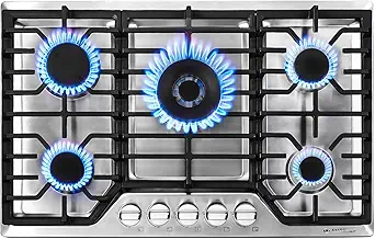 AMZCHEF 30 inch Gas Cooktop with 5 Made in Italy SABAF Power Burners.Max 48,300 BTU/hr Built-in Gas Stove top of 304 Stainless steel,NG/LPG Convertible, ETL.