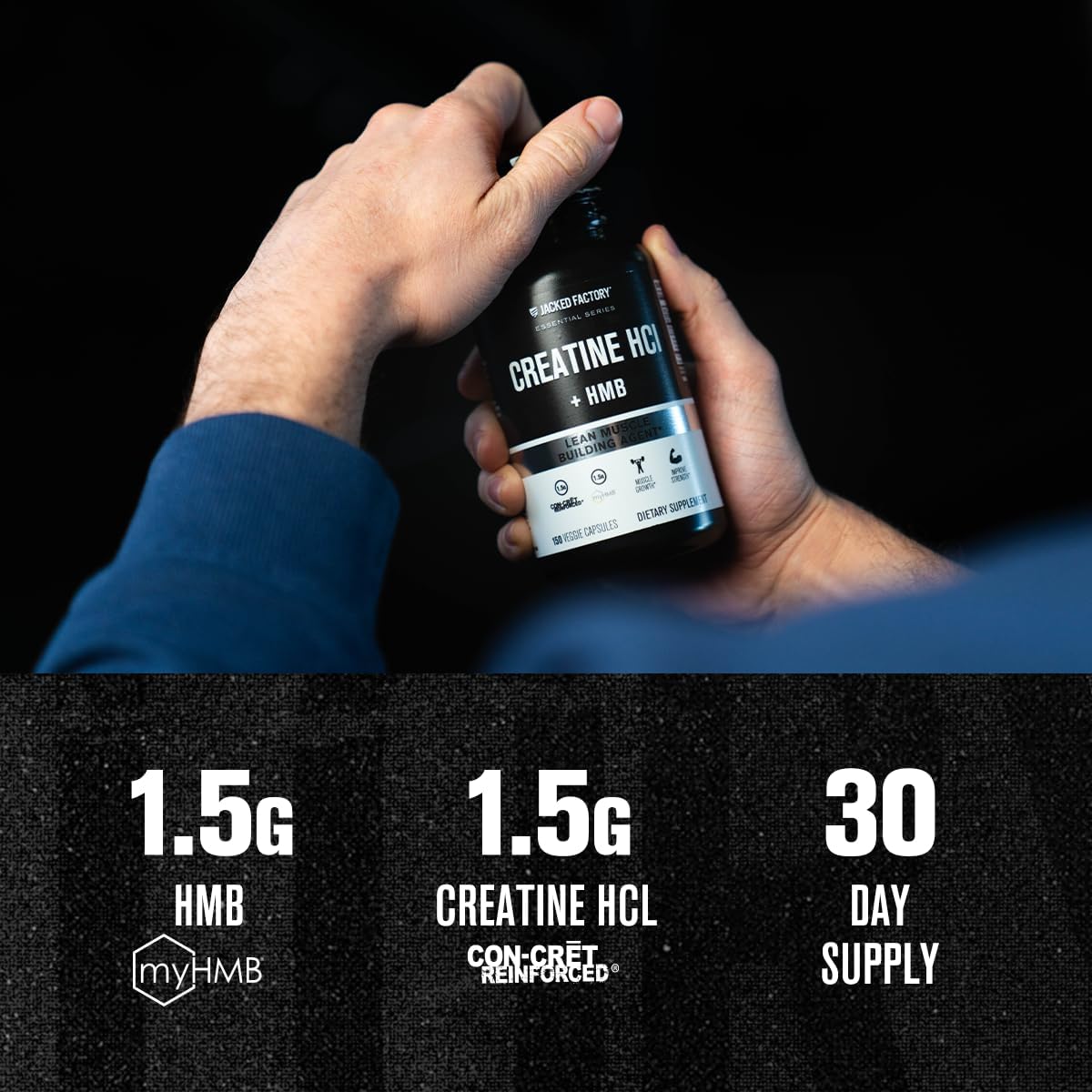 Jacked Factory Creatine HCL + HMB Capsules - Synergistic CON-CRET, myHMB, & Vitamin D Formula for Improved Growth, Strength, & Reduced Muscle Breakdown - 150 Capsules - Image 2