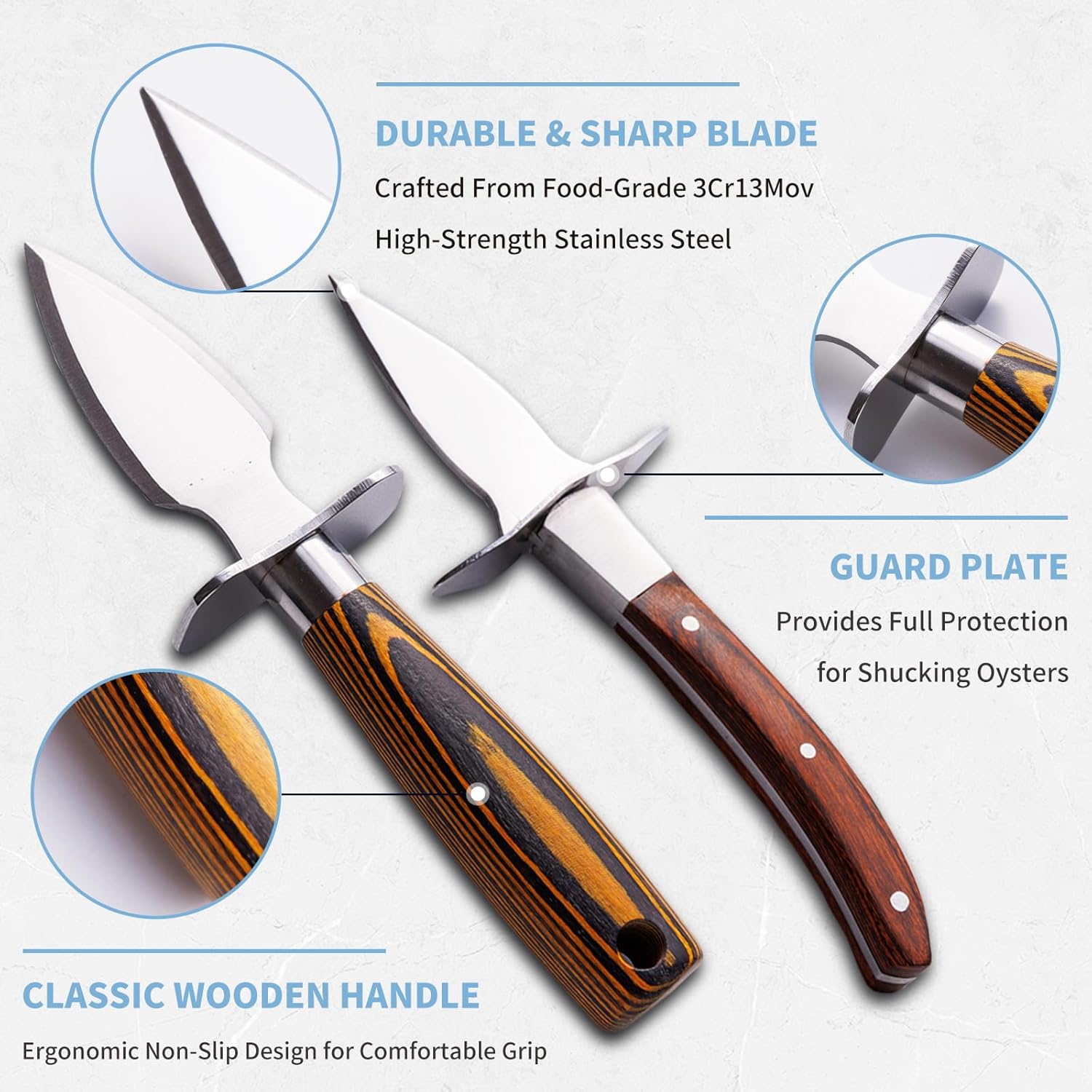 2PCS Oyster Shucking Knife + 4PCS A5 Cut-Resistant Gloves(2M+2L),3Cr13 Stainless Steel Oyster Knife,Oyster Shucker Tool with Classic Wooden Handle,Oyster Opener Oyster Shucking Gloves Kit