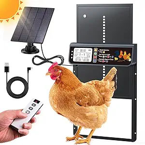 Automatic Chicken Coop Door Solar Powered, LCD Display Automatic Chicken Door with Timer & Light Sensor, Solar Chicken Coop Door with Remote Control, Anti-Pinch Function & Made of Al-Alloy