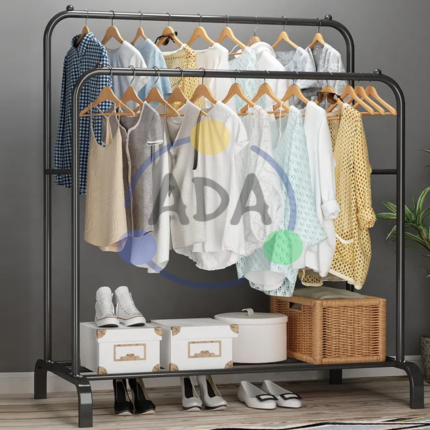 ADA® Premium Heavy Duty Metal Garment Rack with 1 Bottom Shelf, Multi-Purpose Coat Stand, Double Rod Clothes Hanging Stand - (Black, 110 x 56 x 144cm) (B0CP6V98XS) Amazon Price History, Amazon Price Tracker