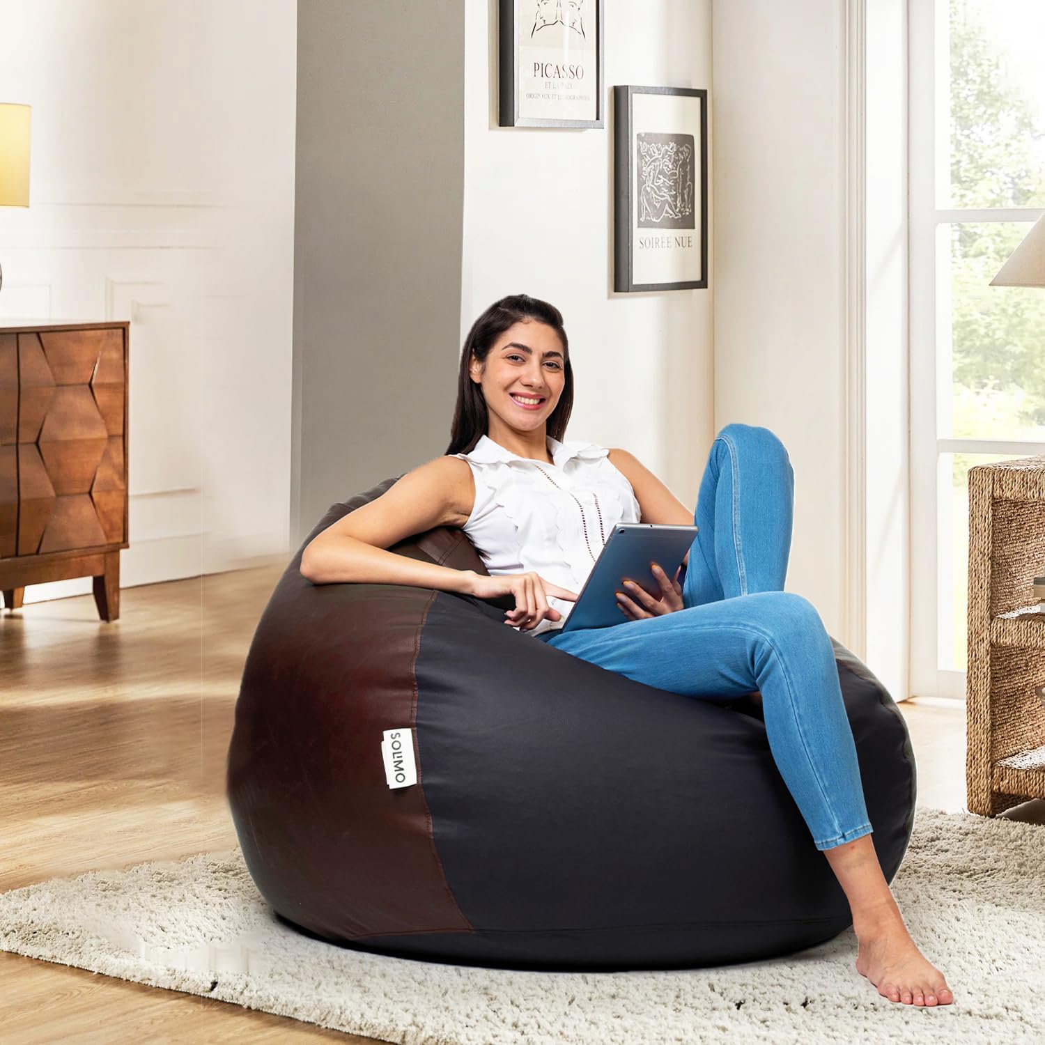 Amazon Brand - Solimo 6XL Premium Faux Leather Bean Bag Filled with Beans for Living Room | Capacity Upto 6'9" Height & 135 Kg Weight | Pre-Filled Bean Bags for Office Use (Black & Brown)-picture-18
