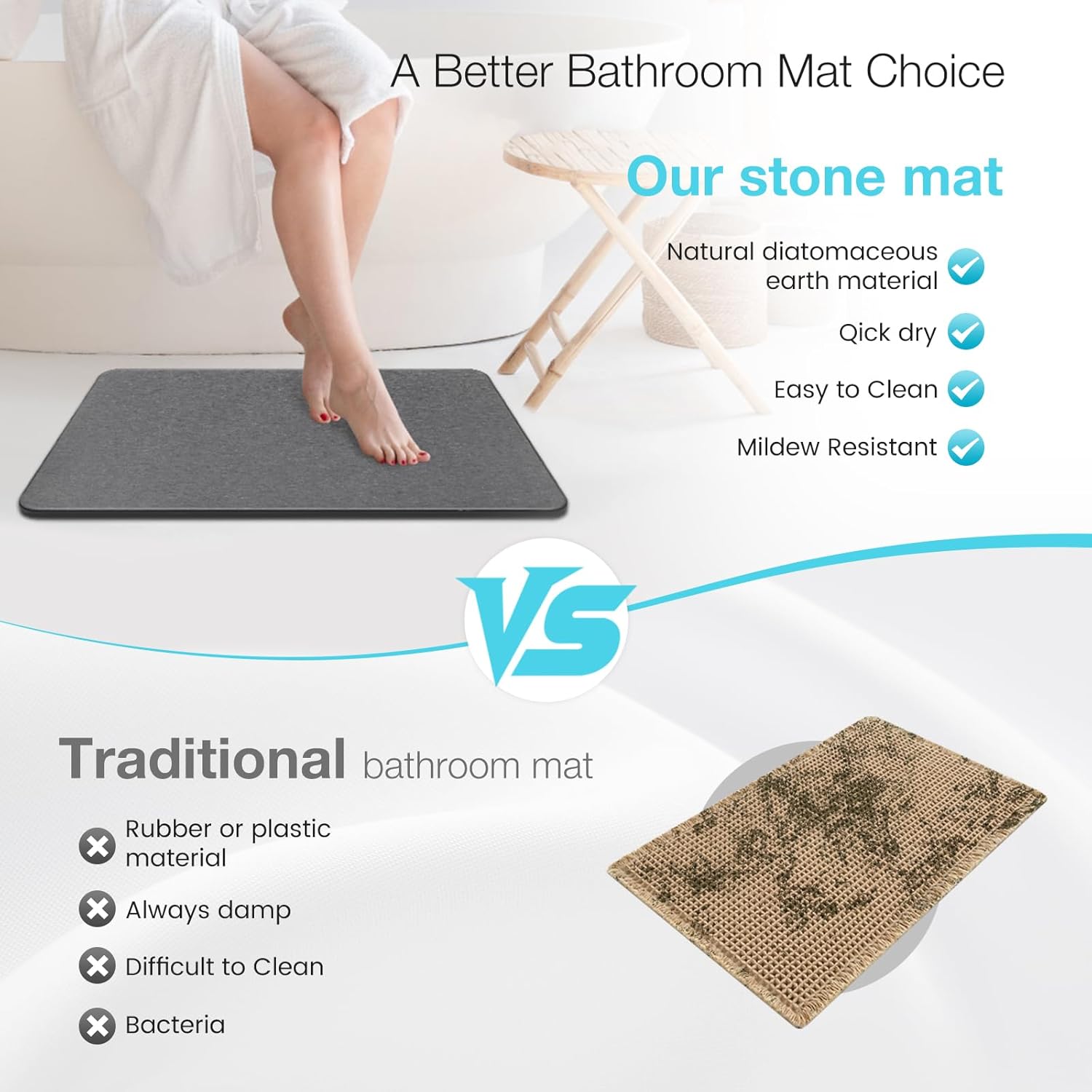 Diatomite Stone Bath Mat, Premium Non-Slip Natural Diatomaceous Earth Bathtub Fast Drying Mats for Bathroom Floor (23.6" x 15.4" Dark Grey)
