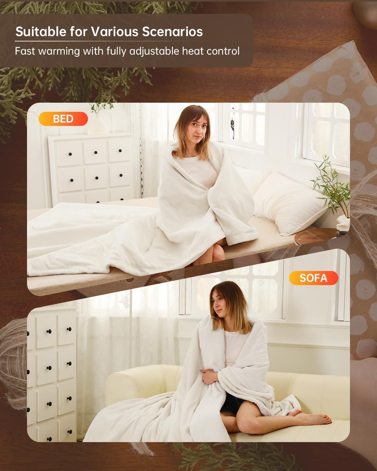 Electric Heated Blanket Queen Size, Washable Blanket Warmer with Dual Control for Home for Adults, Super Cozy Soft Fabric, 84" x 90", 9 Heat Levels, 1-9H Auto-Off, ETL Certified, Cream - Image 6