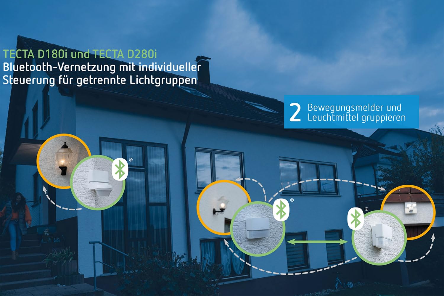 Theben 1010106 TECTA D180i AN Bewegungsmelder PIR App 180° 14 m Wand außen | Bluetooth, Gruppen koppelbar, Unterkriechschutz, Exit-on, D-MODE, 5 s-30 min, 600 W LED, IP 55, fernbedienbar, anthrazit