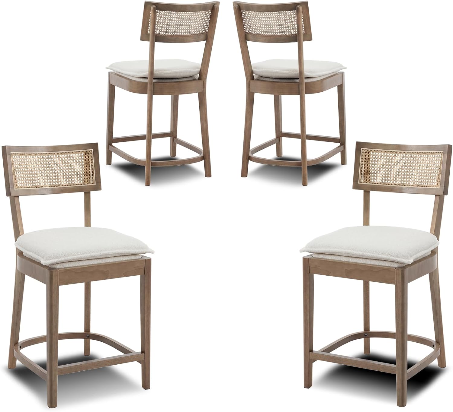 26” Rattan Counter Stools Set of 4, Wood Counter Height Bar Stools with Sherpa Upholstered, Wicker Bar Stools with Cane Back Footrest for Kitchen Island Pub Dining Room Bistro, Light Brown