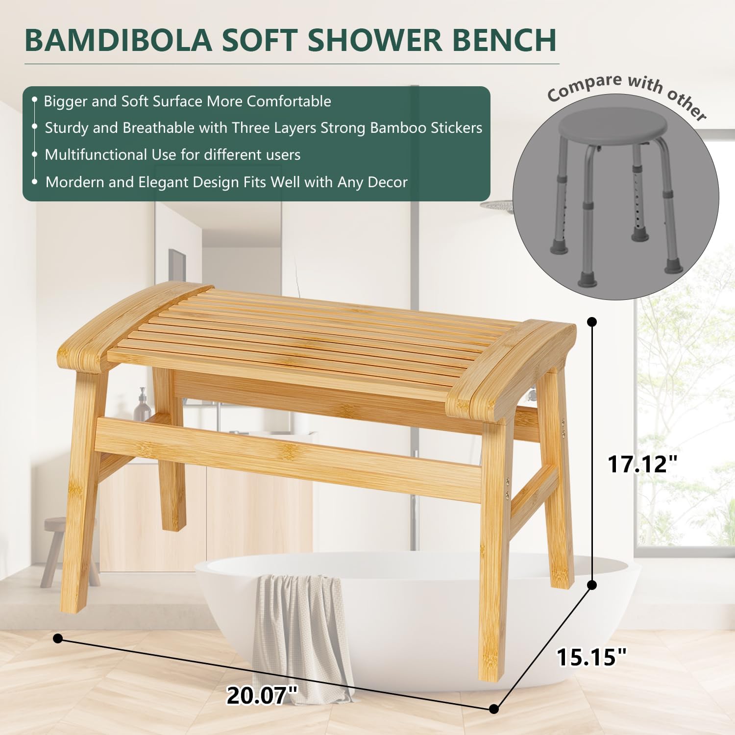 shower chair for insider shower, bamboo shower bench with big soft surface waterproof nonslip shower stool for elderly disabled, sturdy shower seat 350 lbs capacity for bathroom, living room (natural)