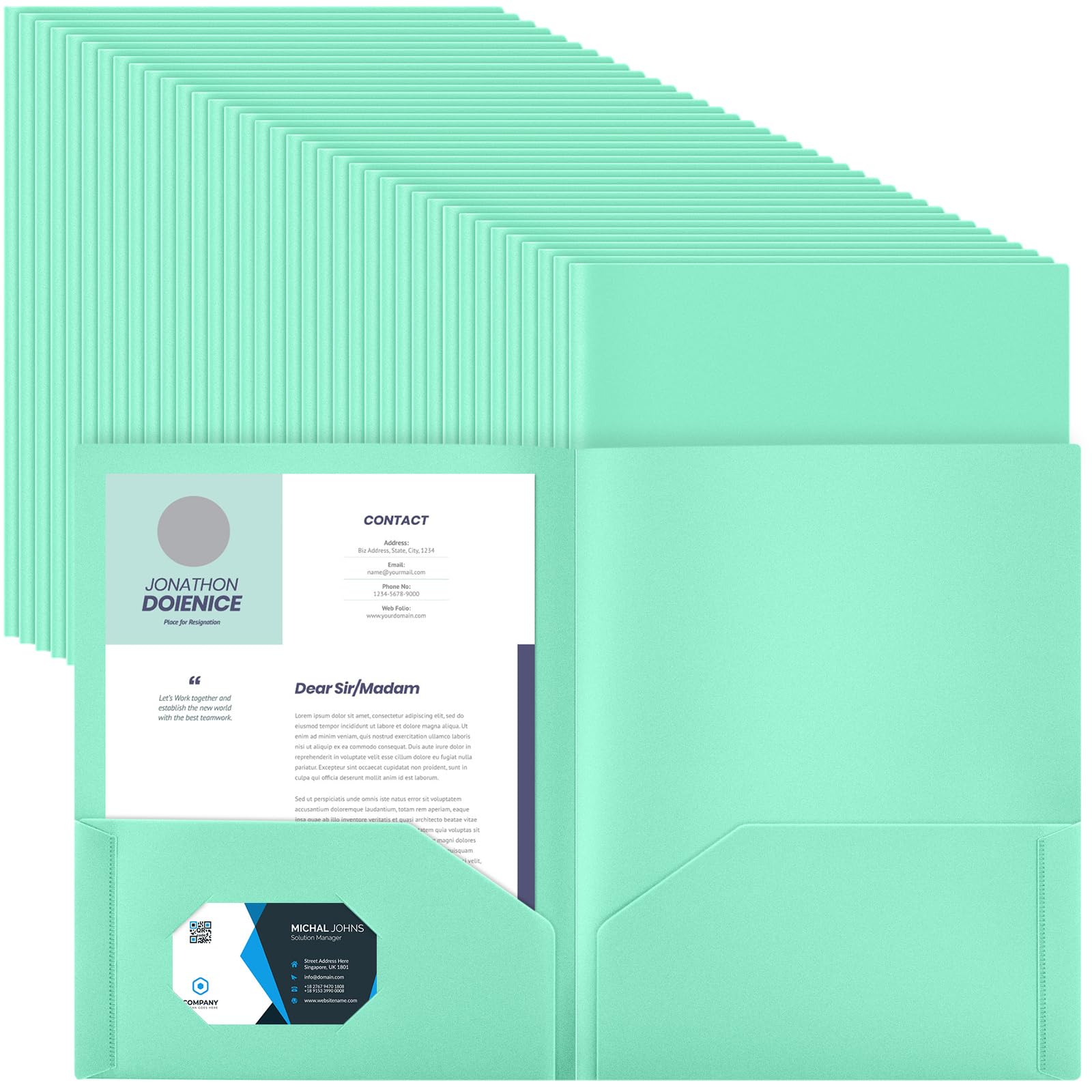 Gueevin 200 Pcs Plastic Folder with Pockets, Two Pocket Folders, Fit Letter Size Paper, Heavy Duty Durable File Folders with Business Card for Home