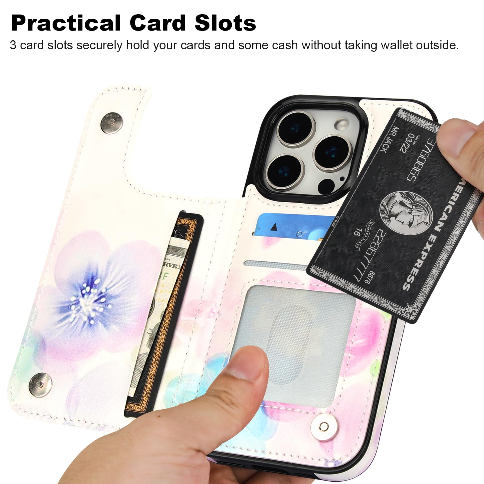 HAOPINSH Funda tipo cartera para iPhone 16 Pro con tarjetero, patrón de flores pálidas, tapa trasera, piel sintética, ranuras para tarjetas, para mujeres y niñas, doble cierre magnético a prueba de
