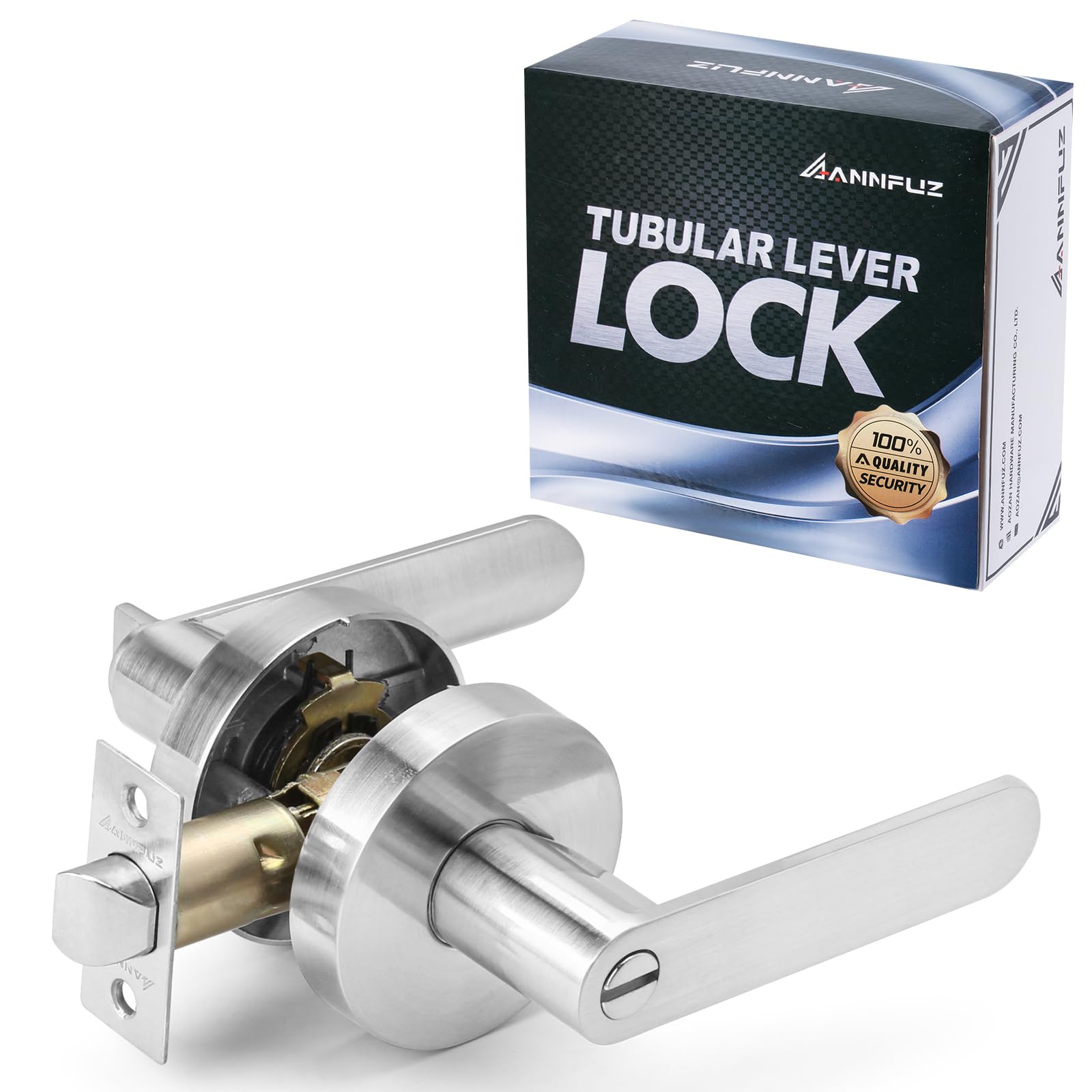 ANNFUZ Interior Privacy Door Handle Lock with Emergency Access,Heavy Duty Round Keyless Door Lever for Left&Right Bathroom,Bedroom,Door Handle Interior for Bathroom,Without Keys(Brushed Nickel)