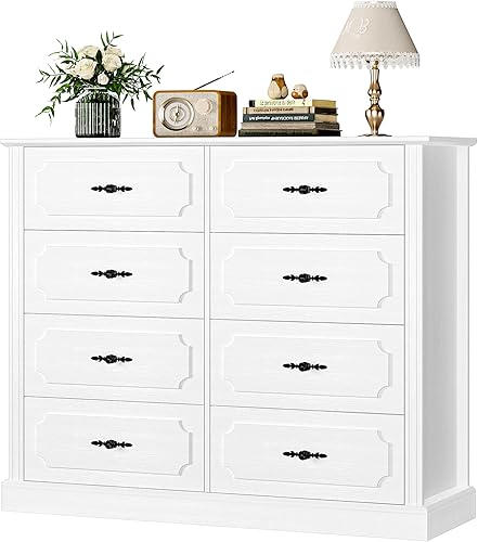 Miniatura 5 de finetones Cómoda blanca con 8 cajones de madera con asas de acero, cajones modernos para almacenamiento de piso para sala de estar, pasillo, oficina