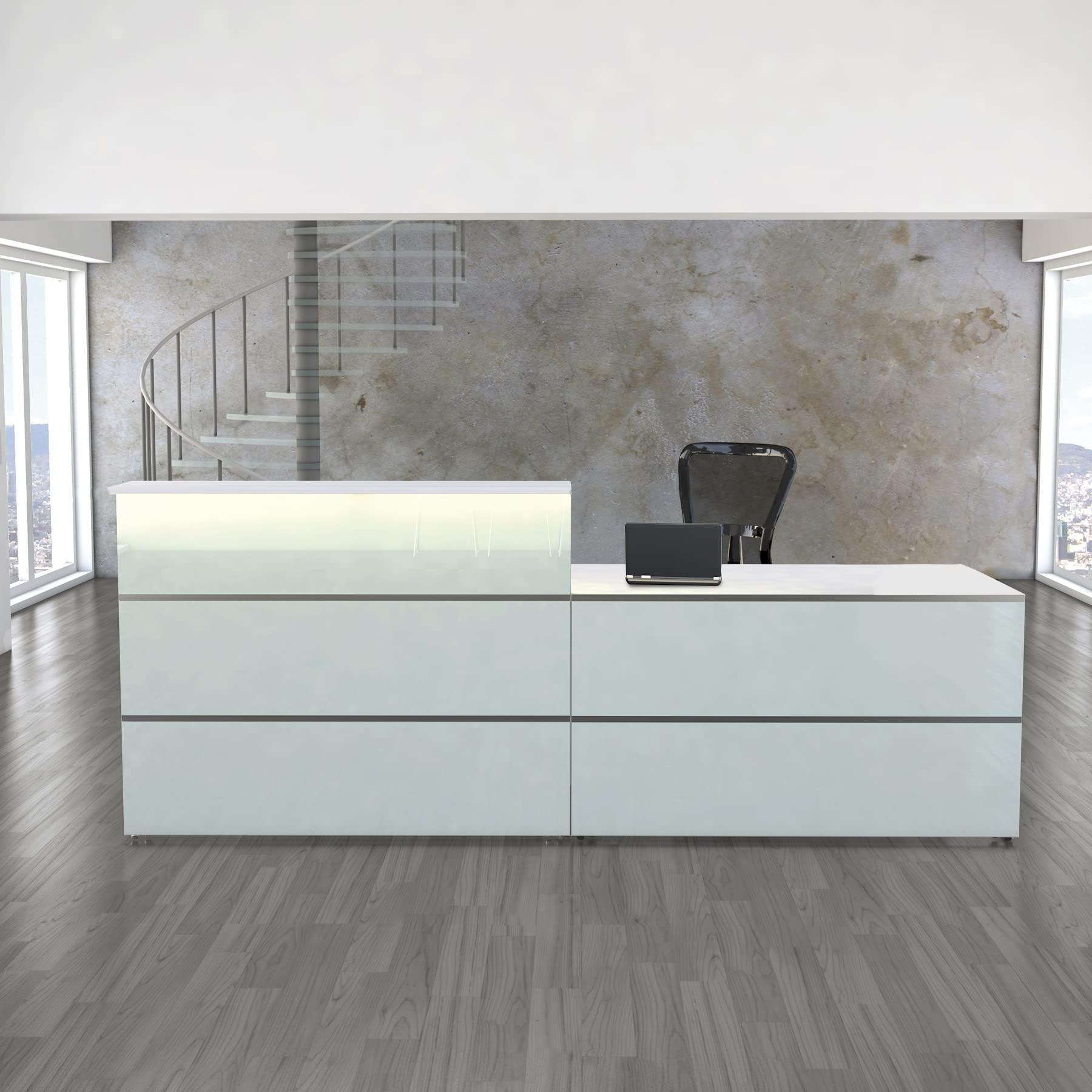Schrank & Stuhl Empfangstresen | Empfangstheke Satinglas 7 - Beratungstheke für den Empfangsbereich | 108 x 275 x 92 cm (HxBxT) mit Taschenablage