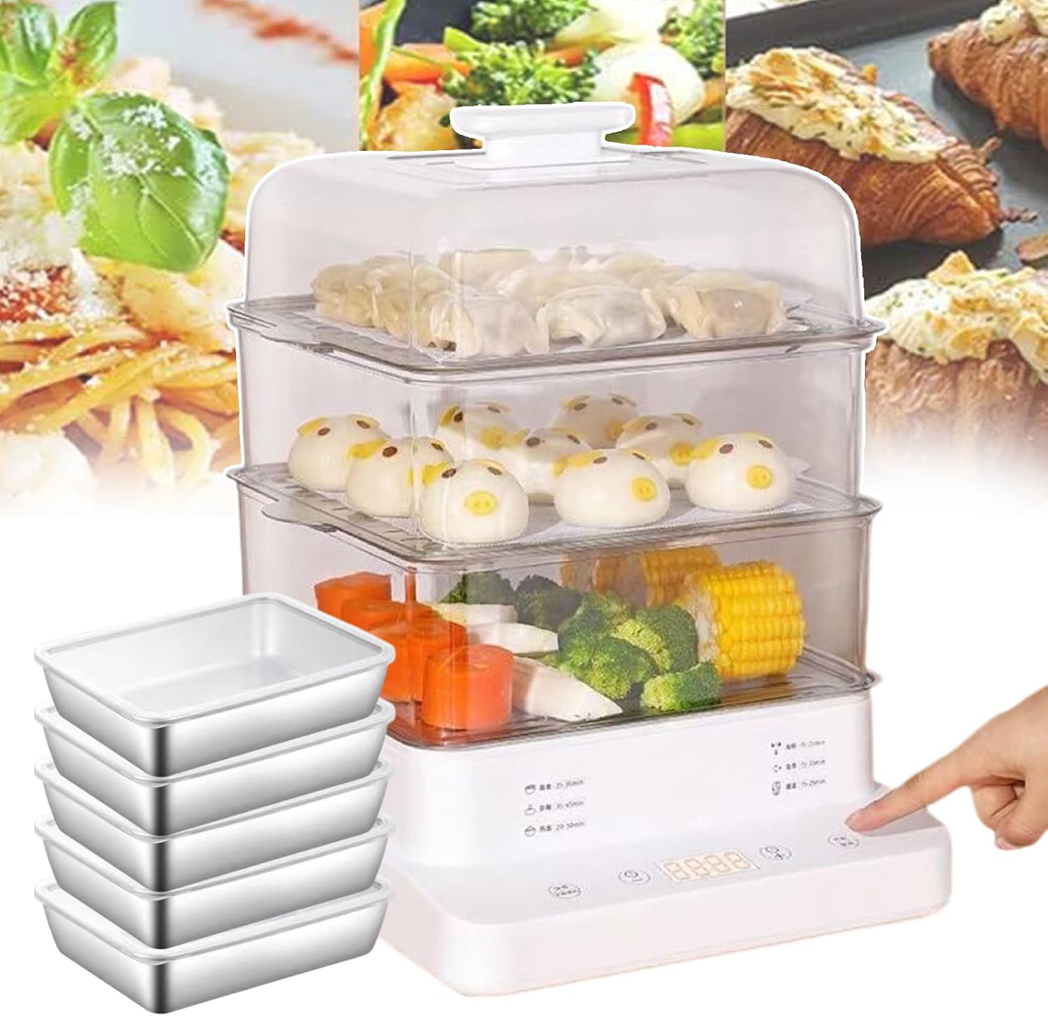 22l Electric Food Steamer + 5/Stainless Steel Box, Detachable Rice Cookers 3-Layer Food Steamer with Digital Display for Commercial and Home Use, Multiple Mode Options,