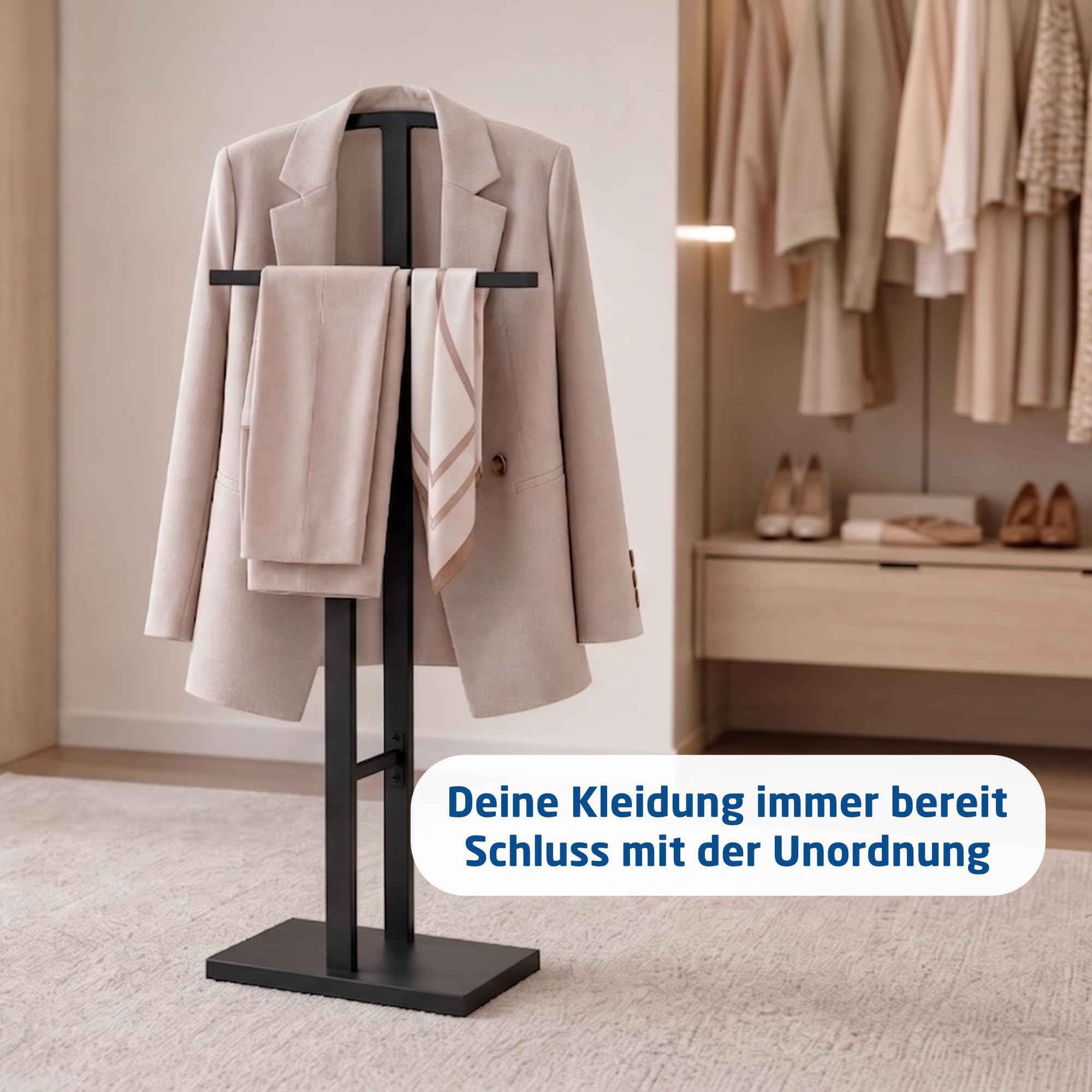 Herrendiener Mod. ADAK, Matt Schwarz | Obere Kleiderstange und Hosenstange, 52 x 18 x 100 cm, Stahl mit Betonbasis, Garderobe für das Schlafzimmer