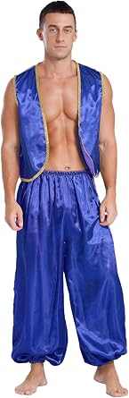 Mens Arabian Prince Satin Set Open Front Vest and Lantern Pants for Fairytales Cosplay Costume