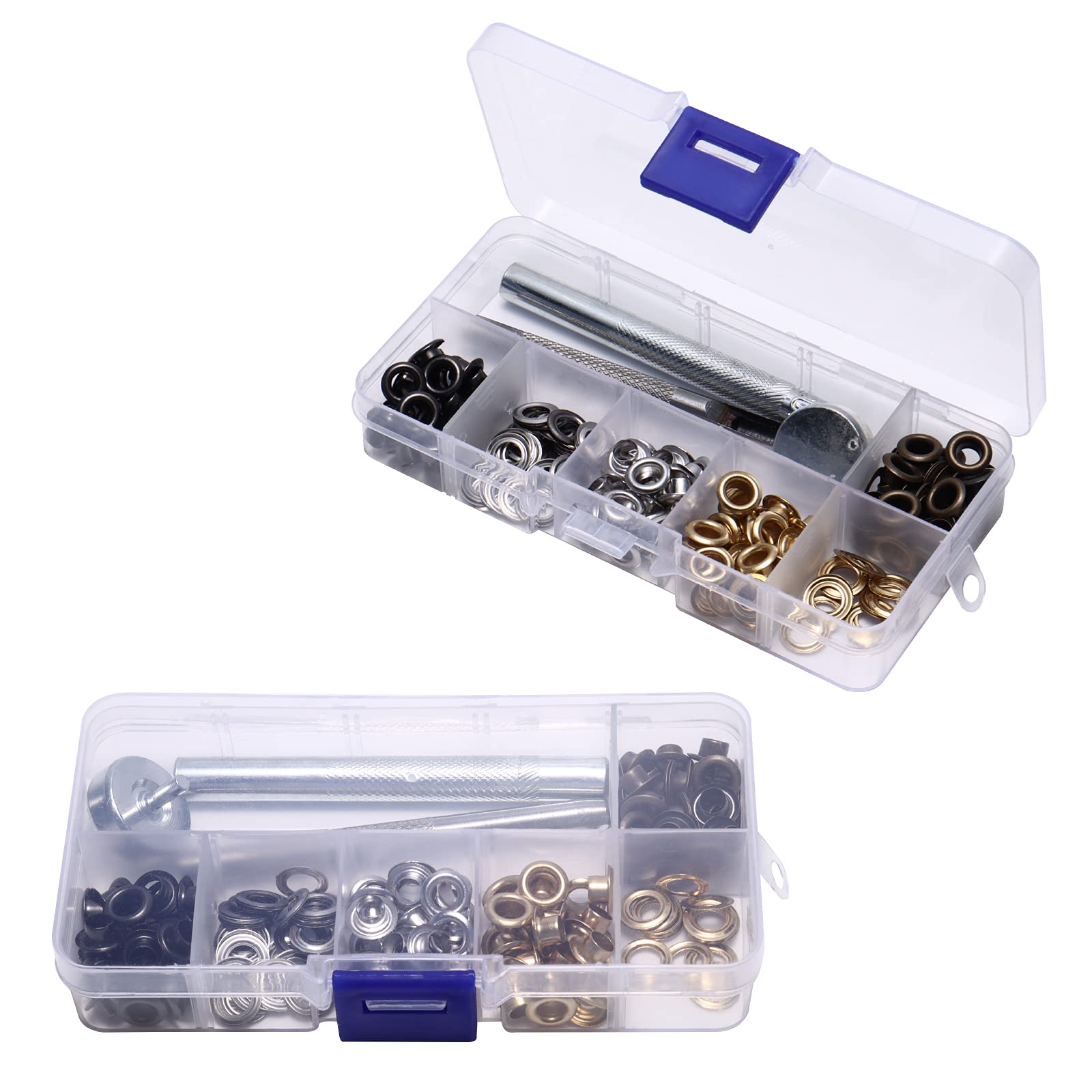 100Pcs Grommet Kit, 10mm Grommet Eyelets, Metal Grommet Eyelets Kit for Clothes Shoe Leather Bag DIY Crafts (4 Colors, with Install Tool & Plastic Box)