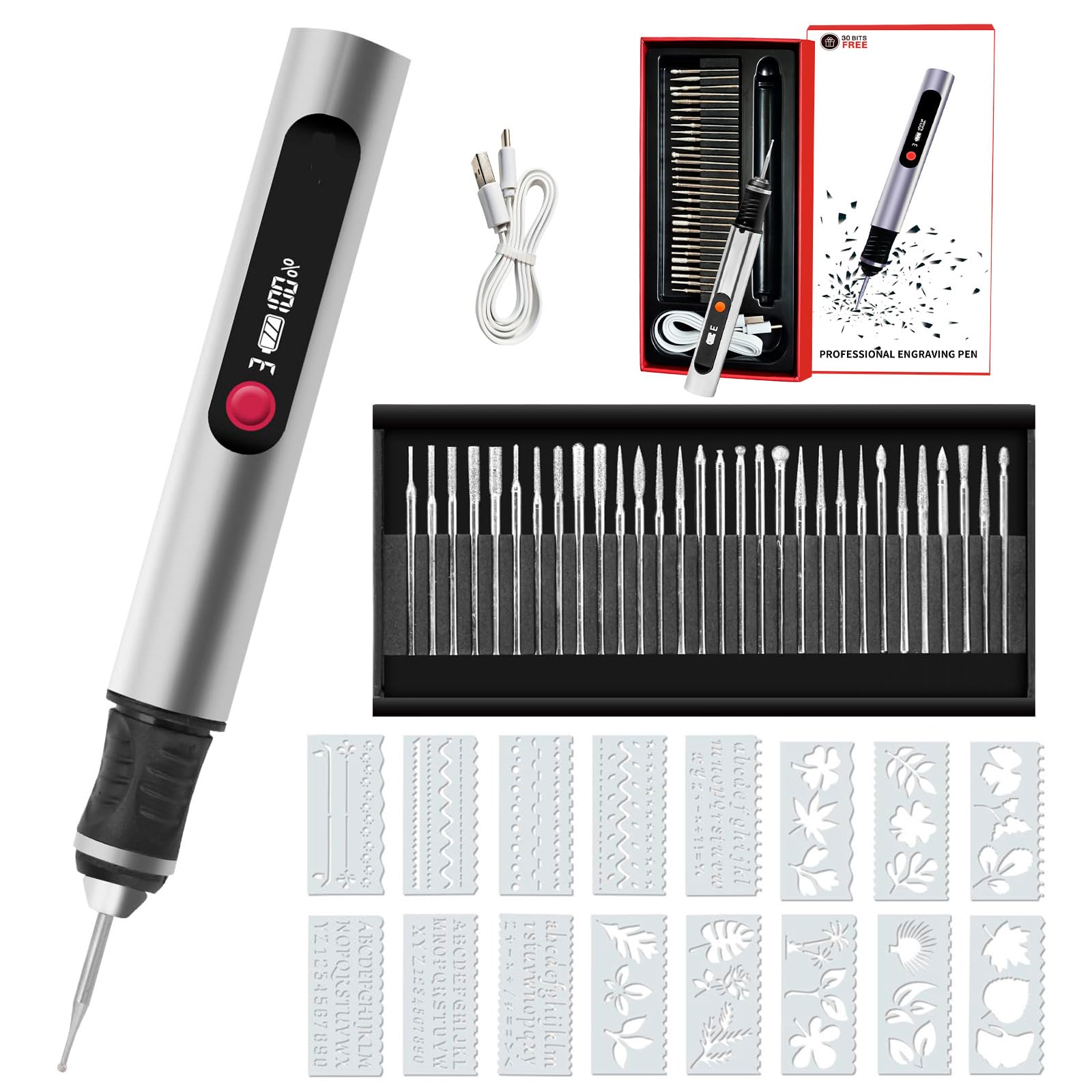 Tenovia Kit Complet de Gravure Électrique – Le Graveur Mini outil de gravure portable, livré avec 30 têtes de gravure et 5 gabarits, adapté aux créations DIY sur métal, bois et verre
