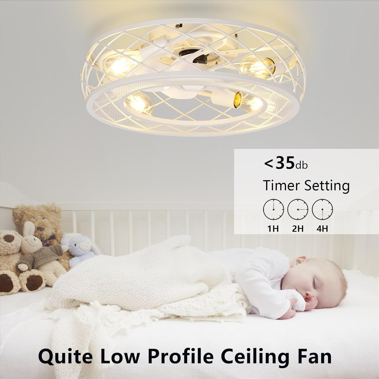 20 Inch White Low Profile Caged Ceiling Fan with Light and Remote, Flush Mount, Noiseless DC Motor, Reversible, 6 Speed with Timer, Rustic Bladeless Cage Design for Bedroom Kitchen Dining Room