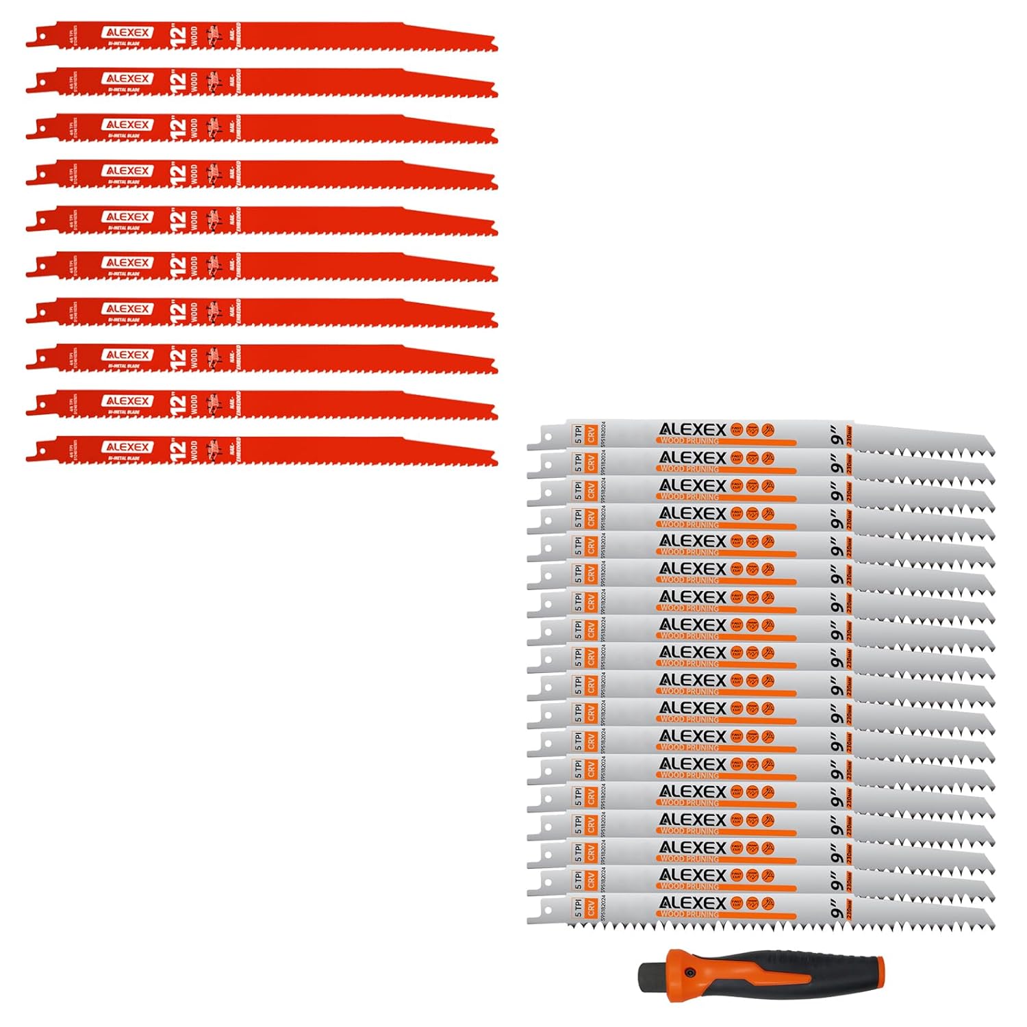 10 Pack 12 Inch 4/6 TPI Reciprocating Saw Blades for Nail-Embedded Wood Cutting + 18 Pack 9 Inch 5 Tpi Wood Pruning Reciprocating Saw Blades 1 x Handle