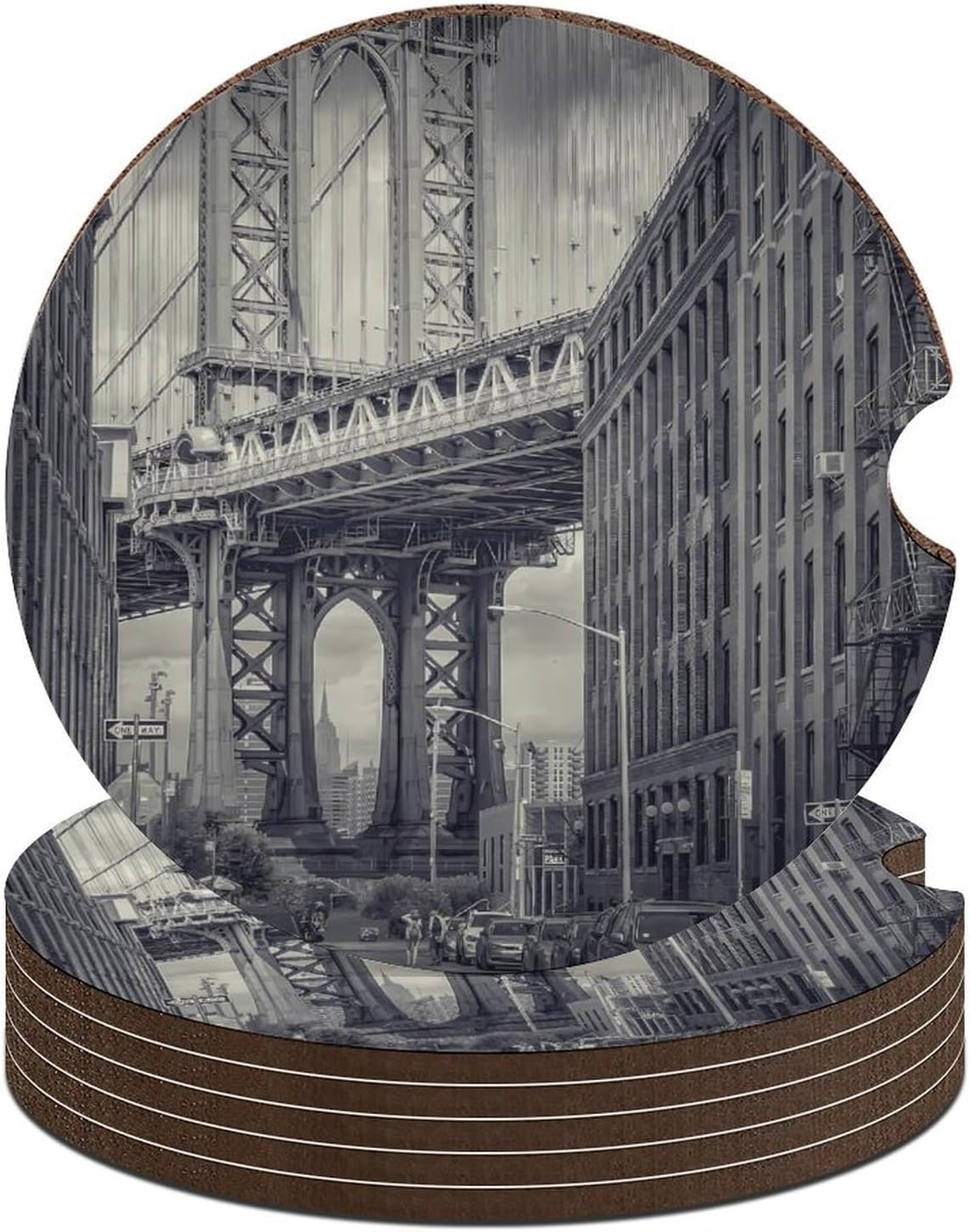 Vintage U.S.A. Manhattan Bridge Car Cup Holder Coaster with Cork Base 2.6 Inches Anti Slip