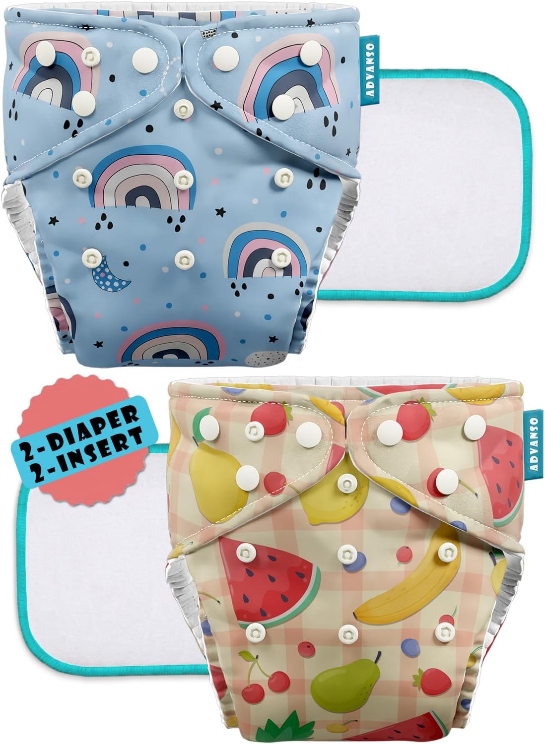 Advanso Leakage Proof cloth diapers for babies, high absorbent 2 reusable diaper 2 insert pad combo pack washable cloth diaper free size 5-18kg adjustable pocket cover 22