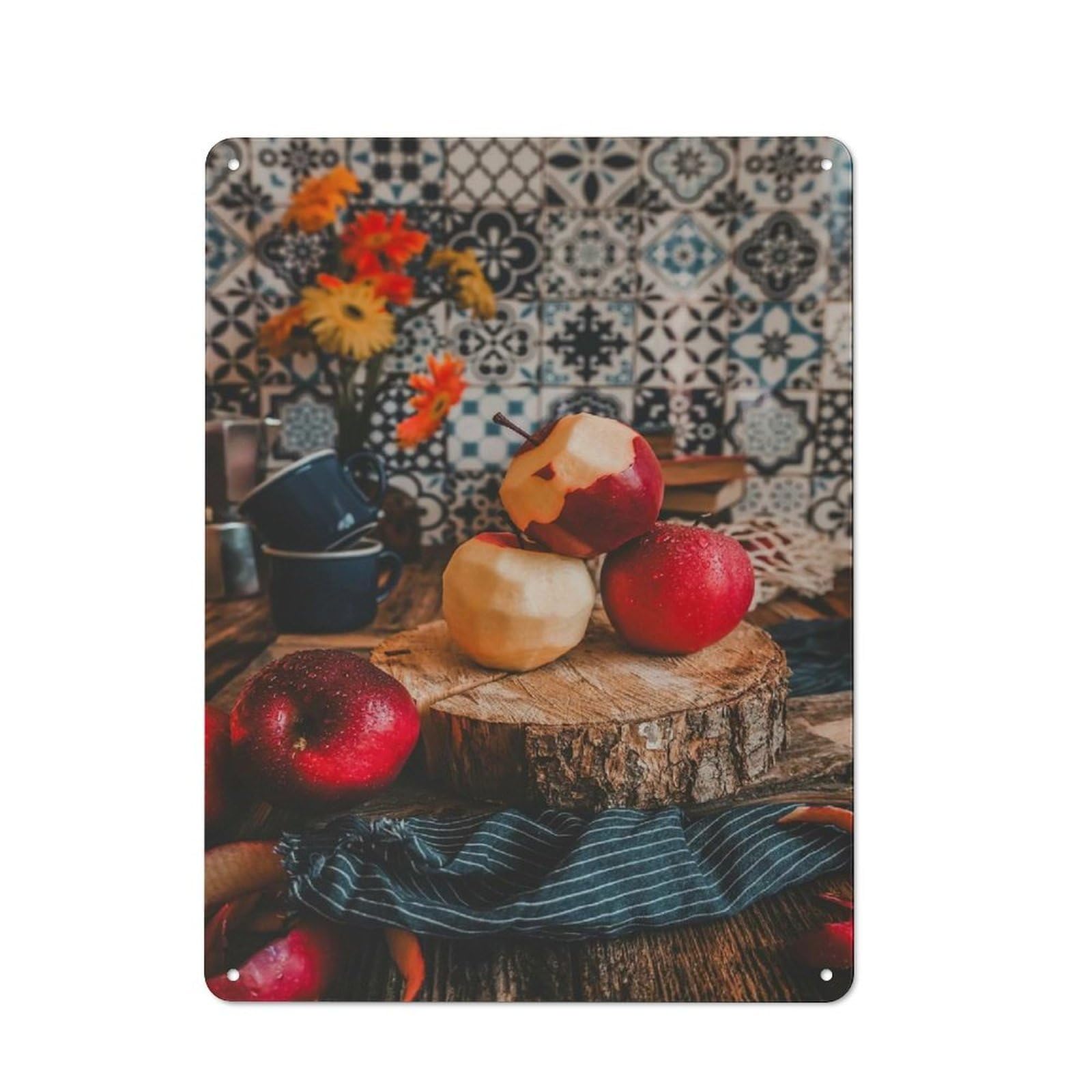 Tin Wall Plaque 40x30cm with Apples on Wood Slice Still Life for Living Room Or Hallway, Suited to Wall Displays in Living Rooms And Hallways
