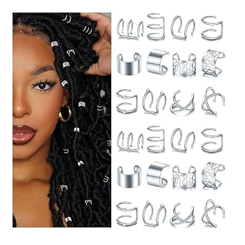 NAISKA 24PCS Hair Jewelry for Braids with Crystal Rhinestone Loc Dreadlock Accessories Metal Alloy Braid Clips Non-Piercing Ear Cuffs Locs Jewelry for Women Men Hair AccessoriesSilver