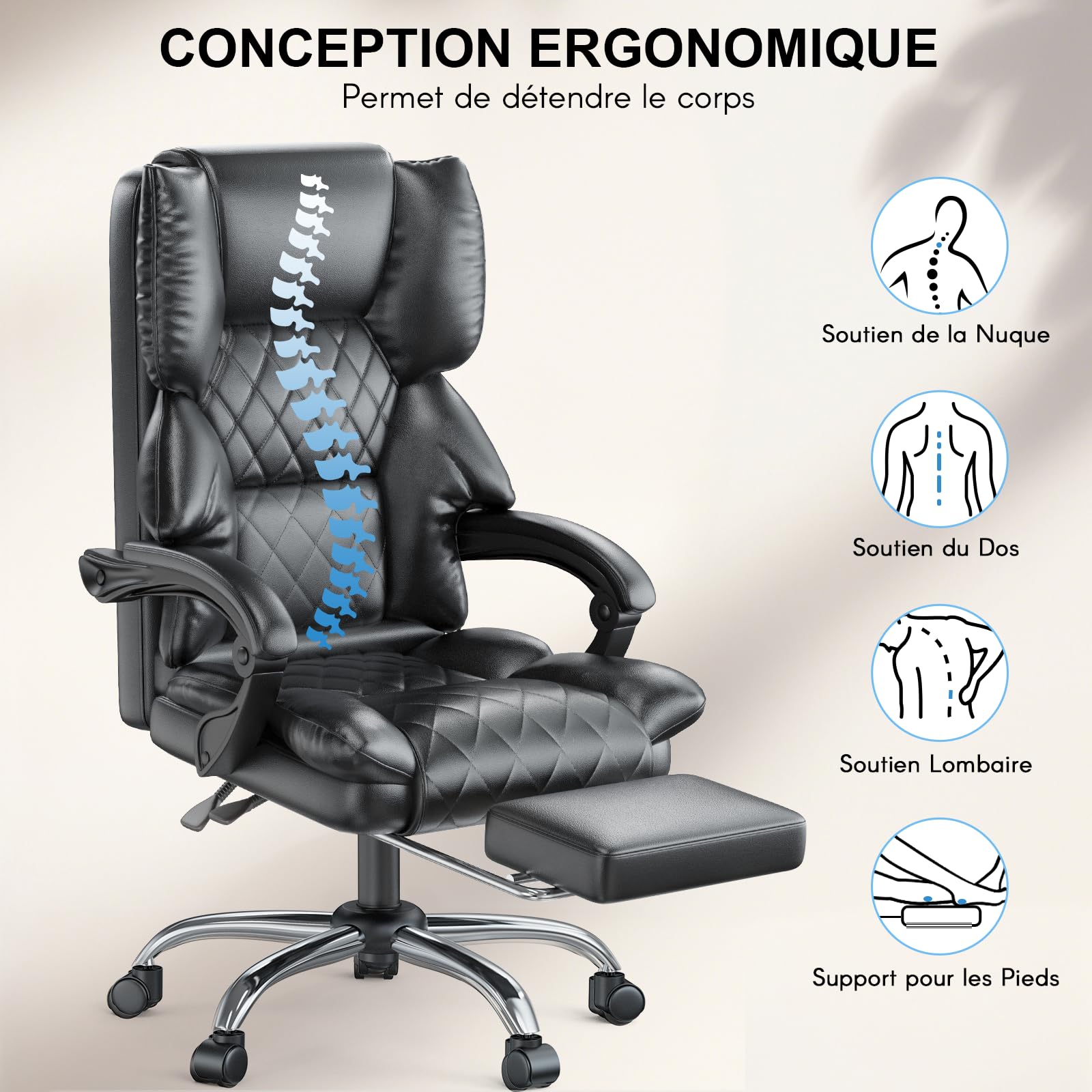 naspaluro Chaise Bureau Ergonomique avec Repose-Pieds, Chaise 150 kg Noir | Chaise Bureau avec Repose-Pieds, Fauteuil Direction cuir PU Inclinable avec Roulettes, Coussin épaissi, Hauteur Réglable