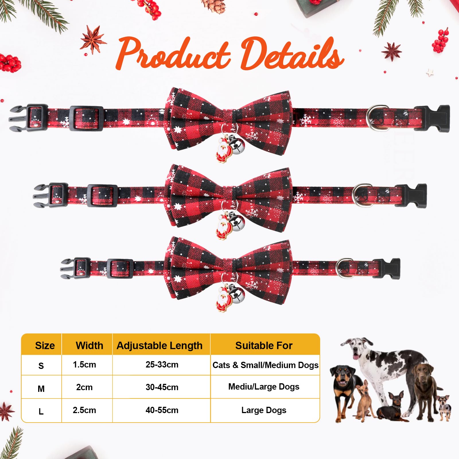 Becellen Hundehalsband Weihnachten – Rot Kariert Mit Schleife & Glöckchen – Verstellbar, 3 Größen