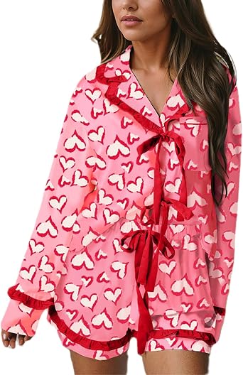 Women Cute Pajamas Bow Long Sleeve Shirt Tops Ruffle Shorts Love Heart Print 2 Piece Pjs Sets