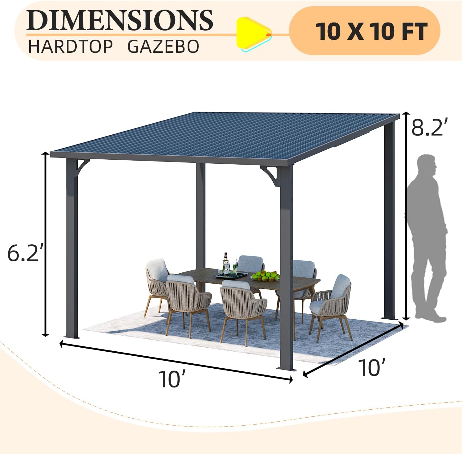 Diagram showing the dimensions of the 10x10 hardtop gazebo