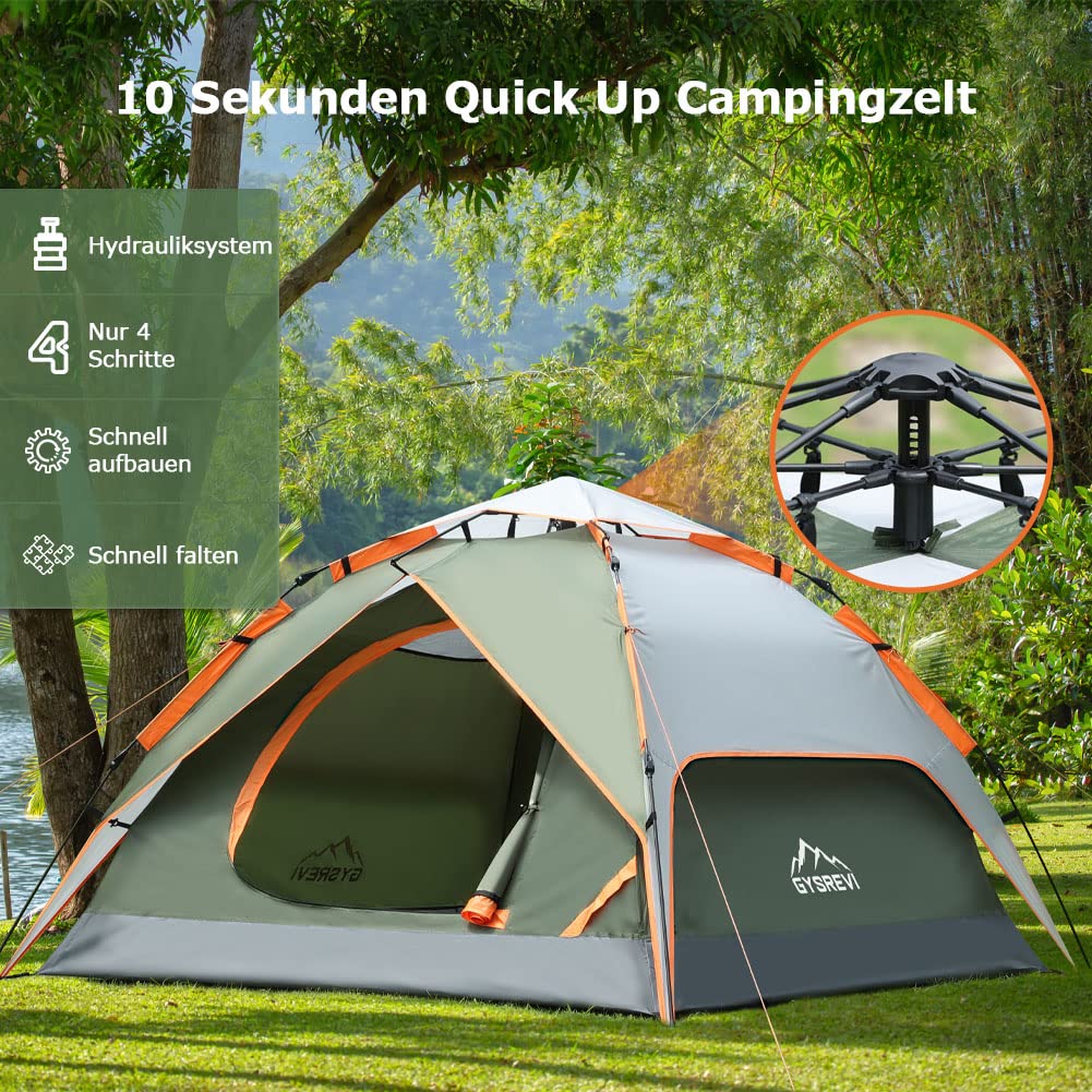 Camping Zelt Automatisches 3 Personen Instant Zelt Pop Up Zelt | 4 Jahreszeiten Winddicht Wasserdicht Kuppelzelt mit 2 Mesh-Tür, 2 Mesh-Fenster, 2 in 1 Doppelschichten, Tasche für Familie