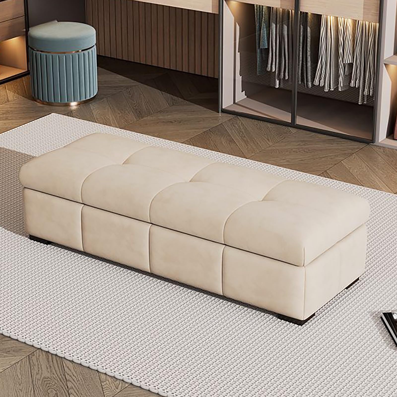 Tabouret d'entrée blanc cassé chic de 60 cm avec coffre de rangement discret