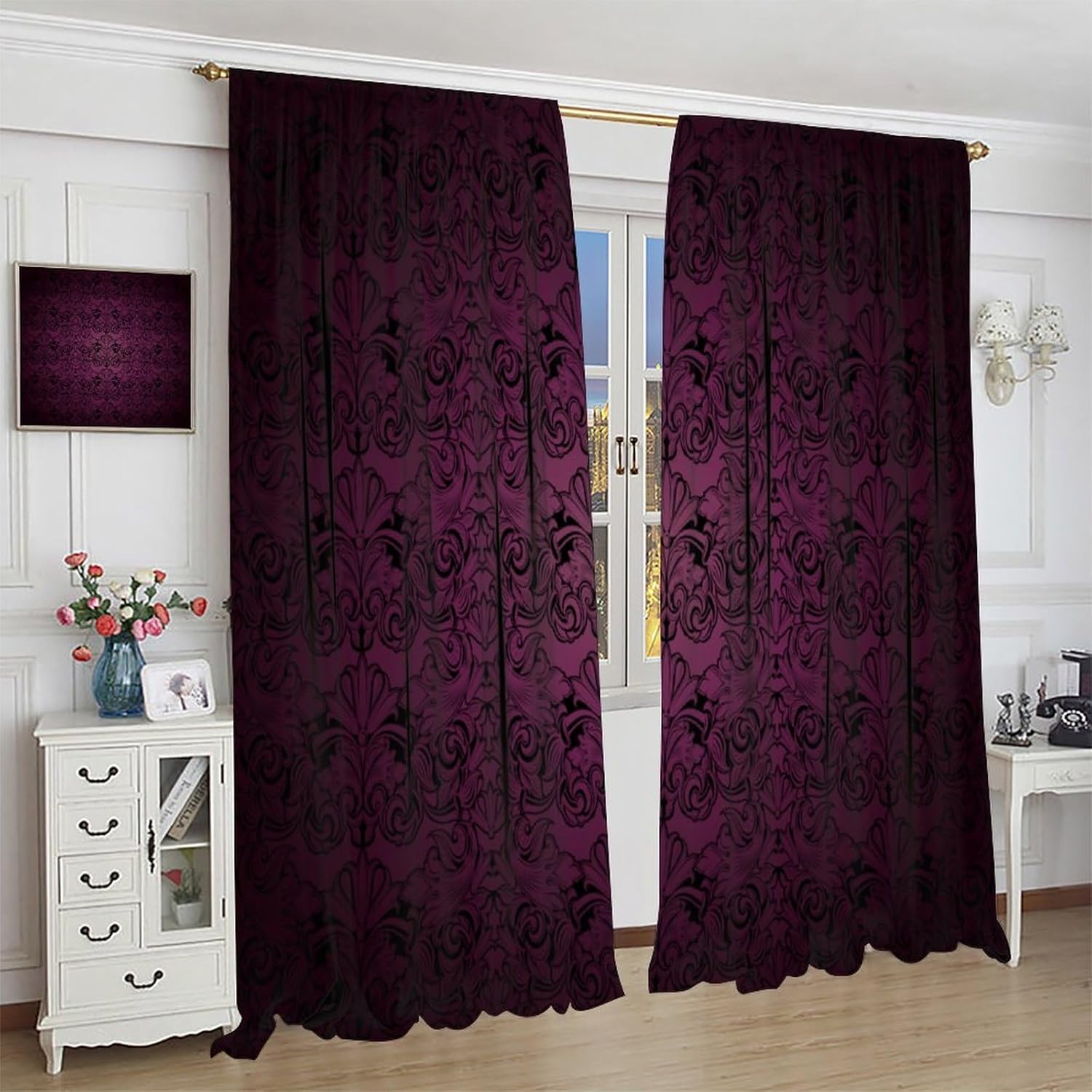 Damask Gothic Blackout Curtains for Kitchen,Set Antique Victorian Fabric Window Drapes,Vintage Purple Gothic Botanical Floral Print for Bedroom Living Room 84x84in