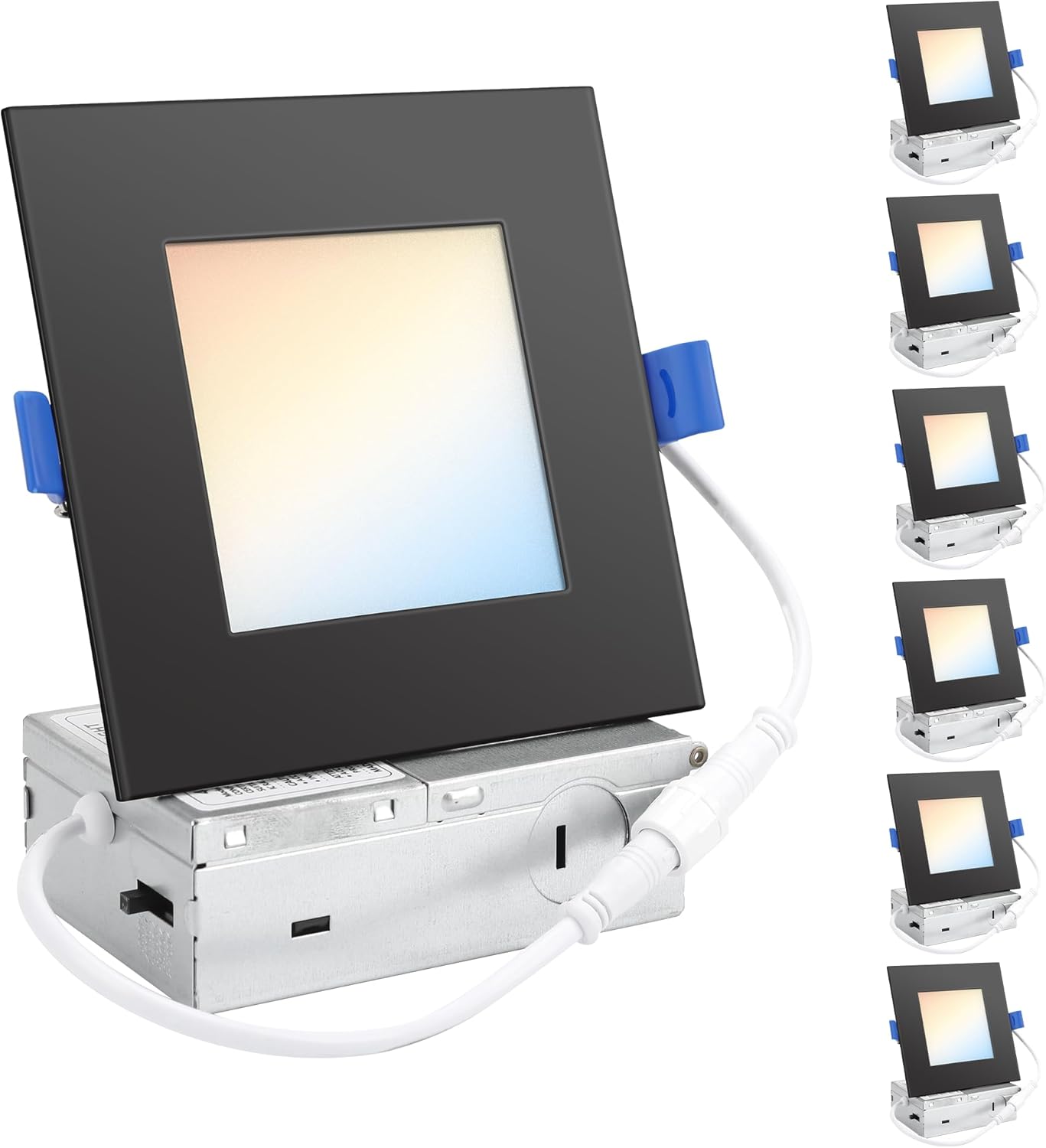 HONZIN Square LED Recessed Lighting 4 Inch, 5CCT Ultra Thin Led Recessed Ceiling Lights 6 Pack, Selectable 2700K/3000K/3500K/4000K/5000K, 9W, IC Rated, Dimmable Square White Trim with Junction Box