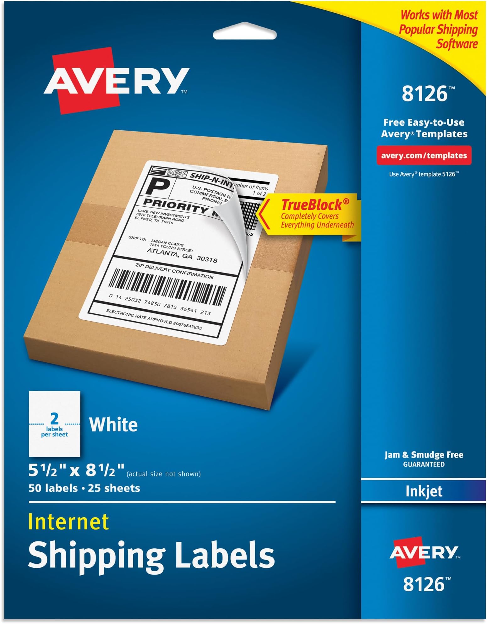 Avery Half-Sheet Printable Shipping Labels, 5.5" x 8.5" Customizable Stickers, White, 50 Blank Mailing Labels, Great for Mailing, Shipping, Organizing, and More (8126)