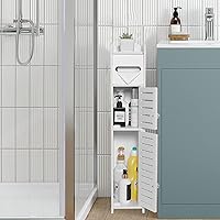 TuoxinEM Slim Over Toilet Storage Cabinet White - Skinny Bathroom Organizer with 2 Doors, Shelves & Toilet Paper Holder for Small Spaces