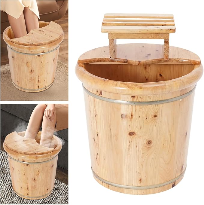 Cubeta de baño para pies de madera con tapa y taburete miniatura 4
