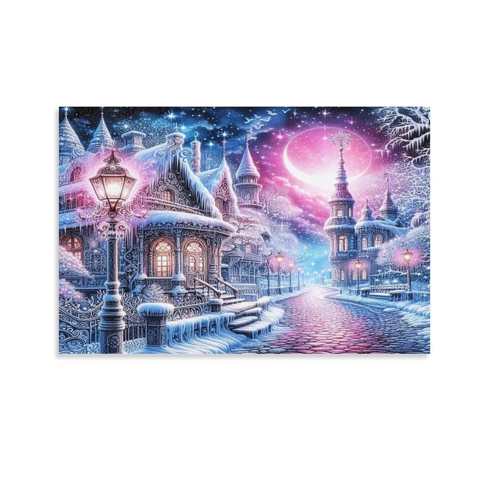 CPLVKWRQJ Snowy Fantasy Castle Street Single Piece Magical Icy Castle Pink Moon Snowy Lane Canvas Print - Kitchen Canvas Wall Decor Easy to Clean Removable Focal Point 16x24inch(40x60cm)