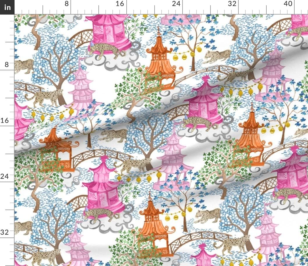Spoonflower Fabric - Chinoiserie Pagoda Leopards Pink and Rust Asian Inspired Watercolor Printed on Petal Signature Cotton Fabric by The Yard - Sewing Quilting Apparel Crafts Decor