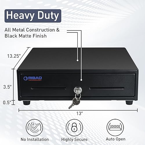 Miniatura 3 de RIBAO - Cajón de caja registradora de 13 pulgadas para sistema de punto de venta (POS), 4 billetes 5 monedas con ranuras ajustables para monedas, 24